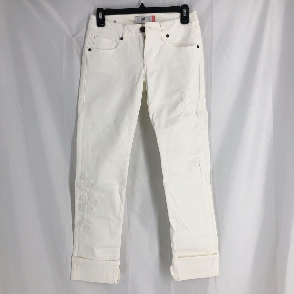 CAbi STRETCHY WHITE SLIM BOYFRIEND JEANS With Embroidery 00